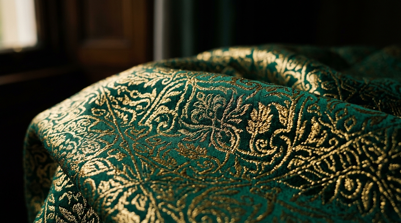 Premium woven textile fabric with emerald green and gold pattern