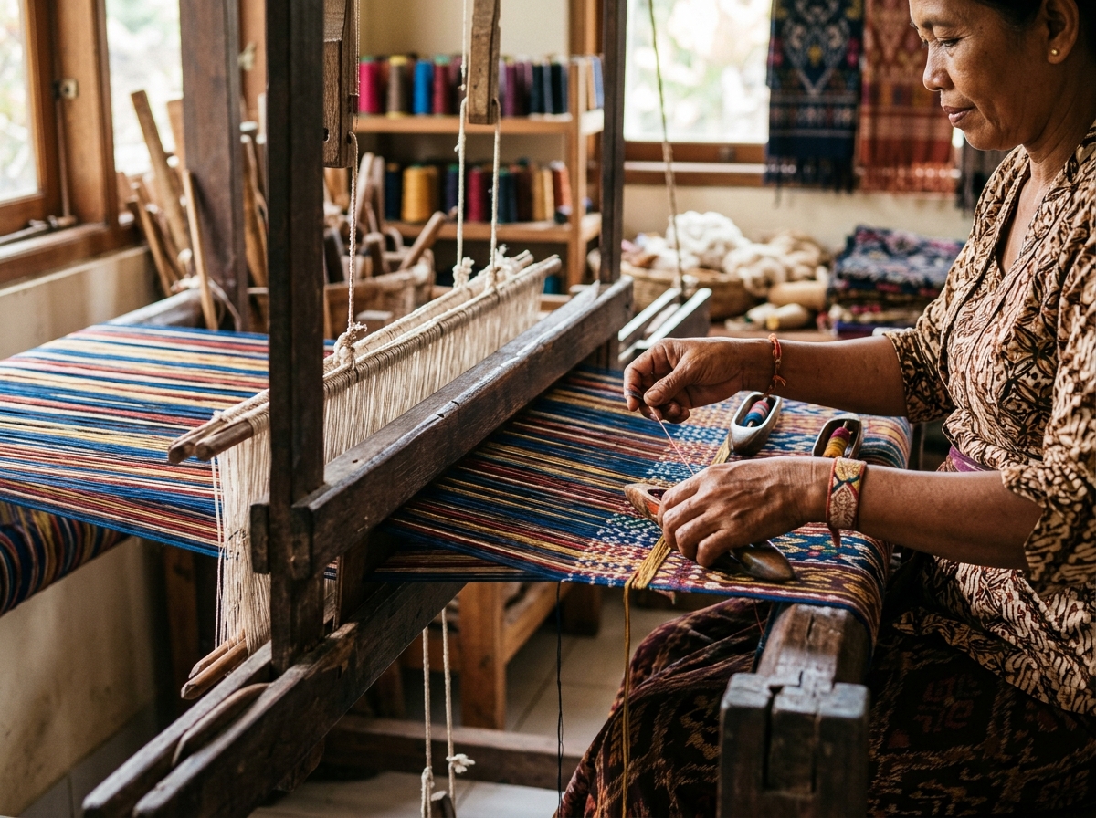 Artisan hand-weaving on traditional loom